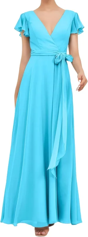 Women's Short Sleeve Bridesmaid Dresses V-Neck Long A Line Ruched Formal Chiffon Evening Gowns