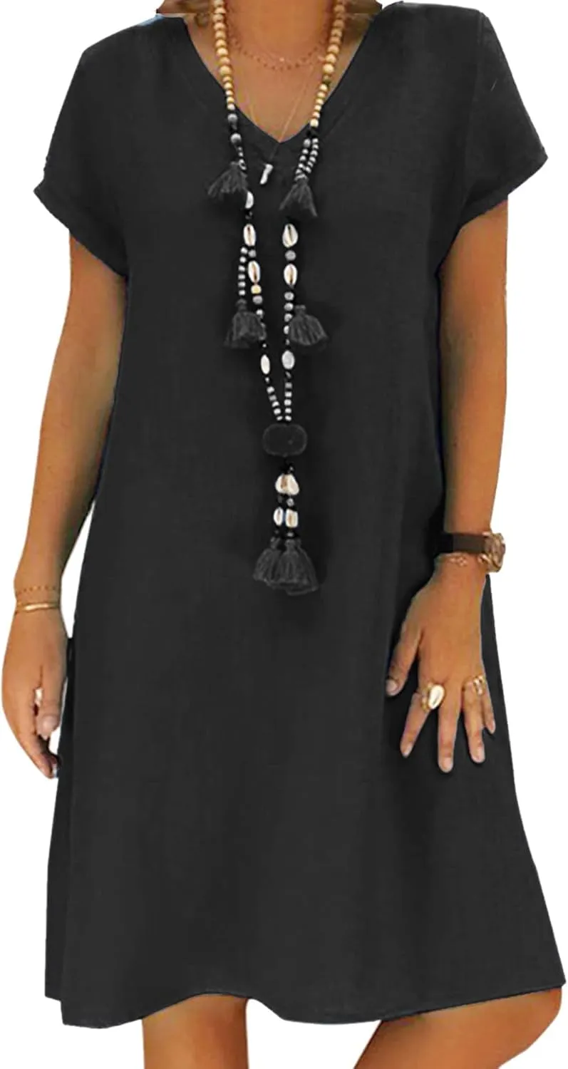 Women's Short Sleeve T Shirt Dress Casual Cotton Linen Knee-Long Dress V Neck Summer Beach Dress with Pockets