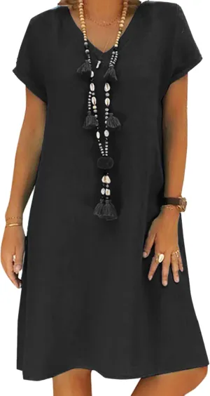 Women's Short Sleeve T Shirt Dress Casual Cotton Linen Knee-Long Dress V Neck Summer Beach Dress with Pockets