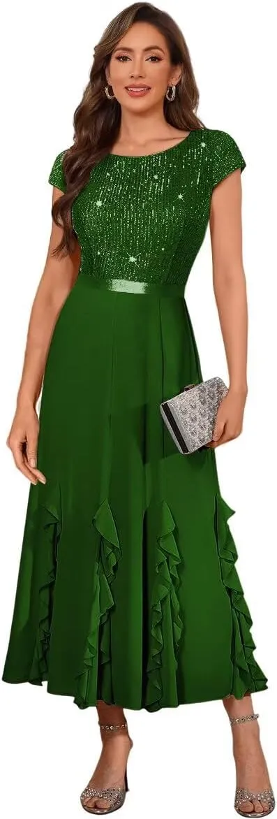 Women's Short Sleeves Sequin Chiffon Mother of The Bride Dresses 2025 Long Ruffles Sequin Formal Evening Prom Dress DE298