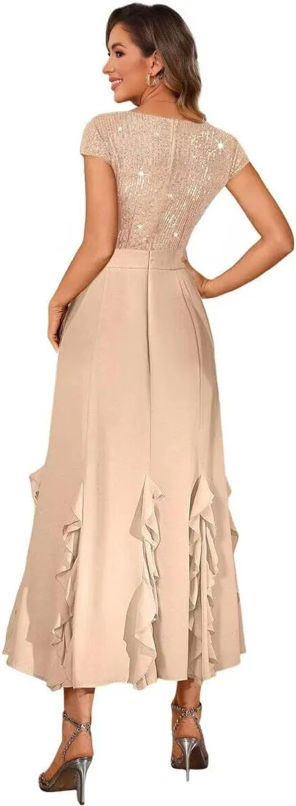 Women's Short Sleeves Sequin Chiffon Mother of The Bride Dresses 2025 Long Ruffles Sequin Formal Evening Prom Dress DE298