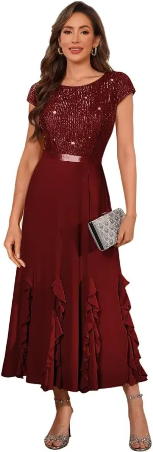 Women's Short Sleeves Sequin Chiffon Mother of The Bride Dresses 2025 Long Ruffles Sequin Formal Evening Prom Dress DE298