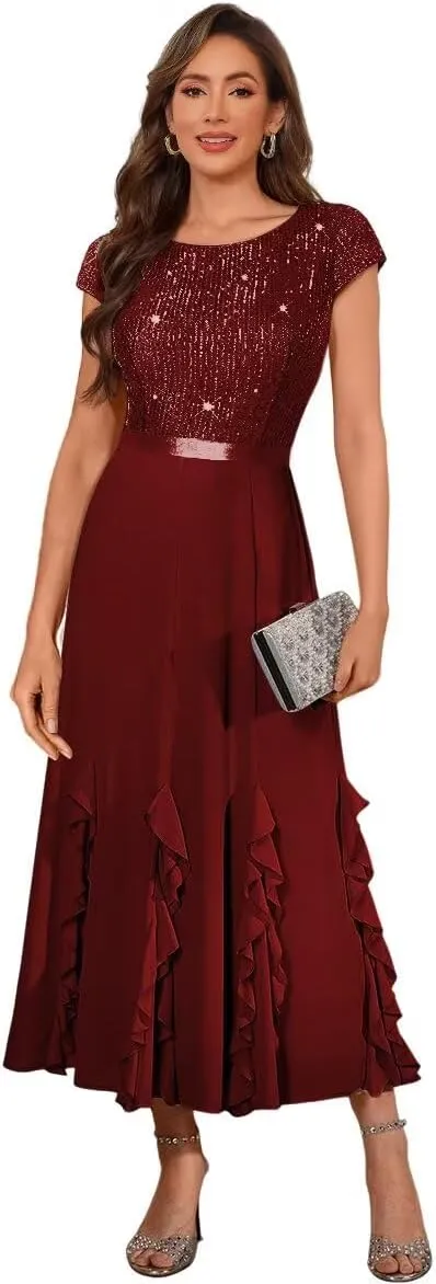 Women's Short Sleeves Sequin Chiffon Mother of The Bride Dresses 2025 Long Ruffles Sequin Formal Evening Prom Dress DE298