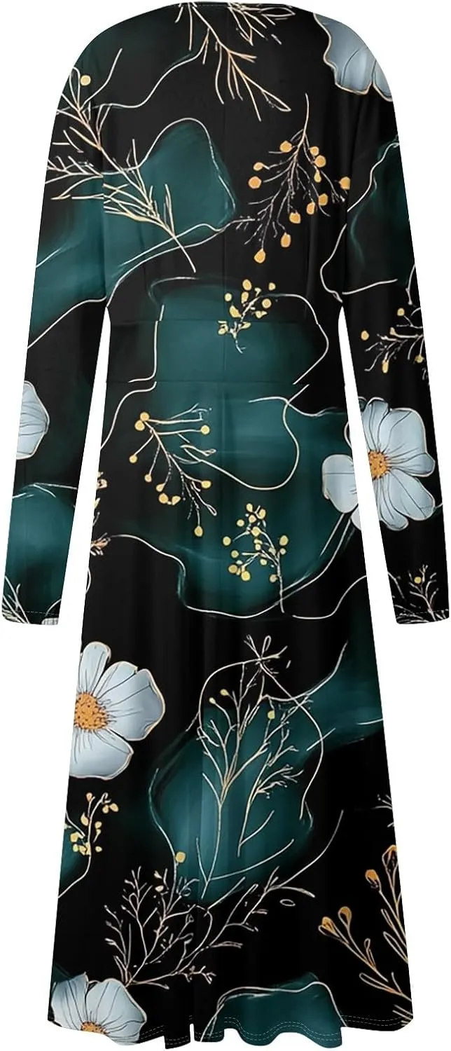 Women's Simple Gradient Long Sleeve Dress Pretty Casual V-Neck Summer Maxi Dresses