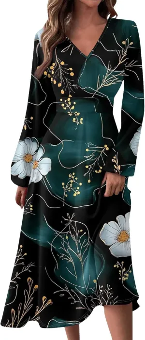 Women's Simple Gradient Long Sleeve Dress Pretty Casual V-Neck Summer Maxi Dresses