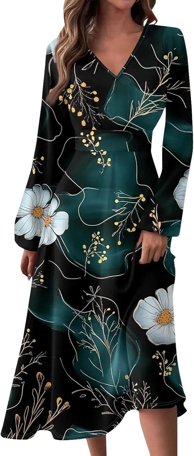 Women's Simple Gradient Long Sleeve Dress Pretty Casual V-Neck Summer Maxi Dresses