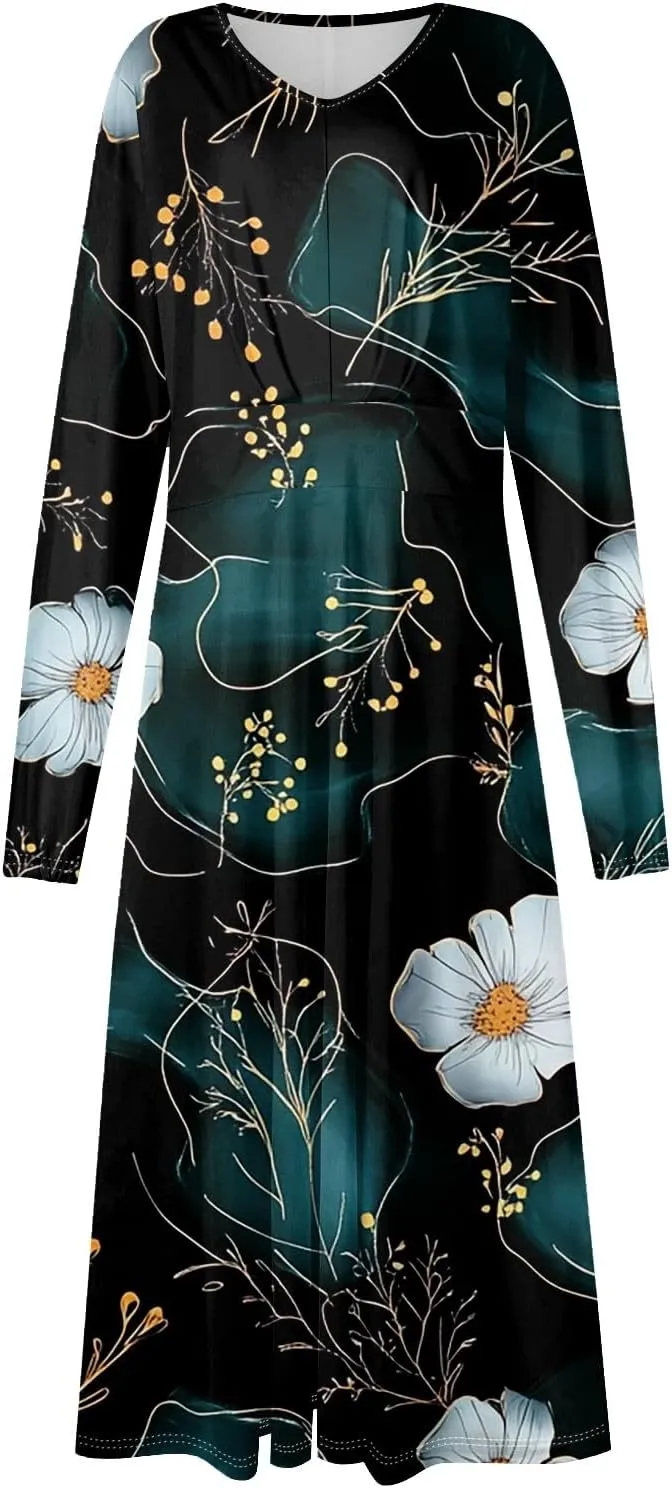 Women's Simple Gradient Long Sleeve Dress Pretty Casual V-Neck Summer Maxi Dresses
