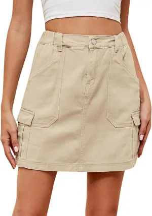 Women's Skirt with Pockets Elastic High Waist Cargo Jeans Casual Breathable Mini Denim Skirt for Women Summer