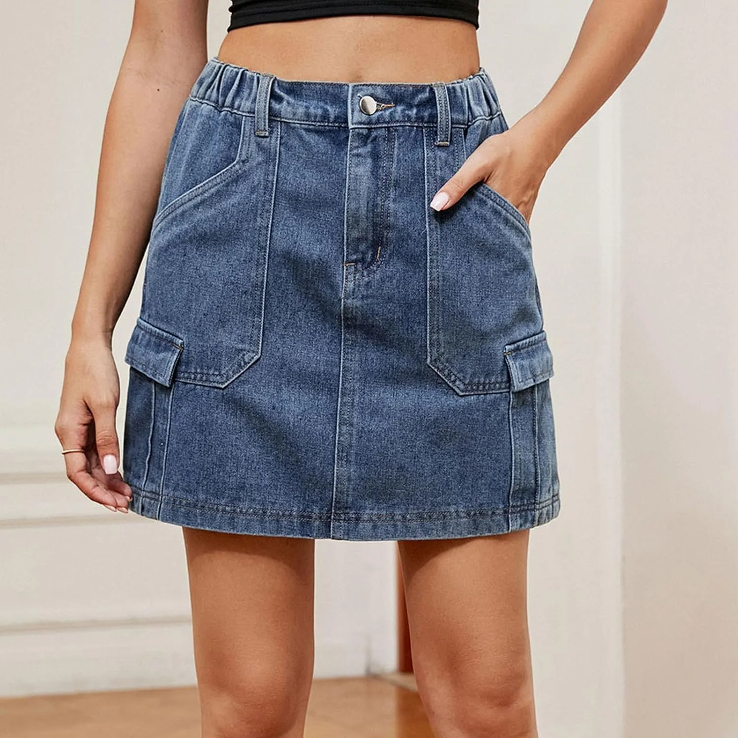 Women's Skirt with Pockets Elastic High Waist Cargo Jeans Casual Breathable Mini Denim Skirt for Women Summer