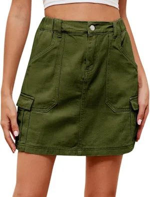 Women's Skirt with Pockets Elastic High Waist Cargo Jeans Casual Breathable Mini Denim Skirt for Women Summer