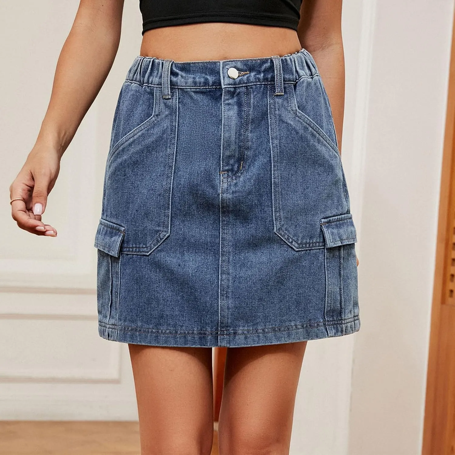 Women's Skirt with Pockets Elastic High Waist Cargo Jeans Casual Breathable Mini Denim Skirt for Women Summer