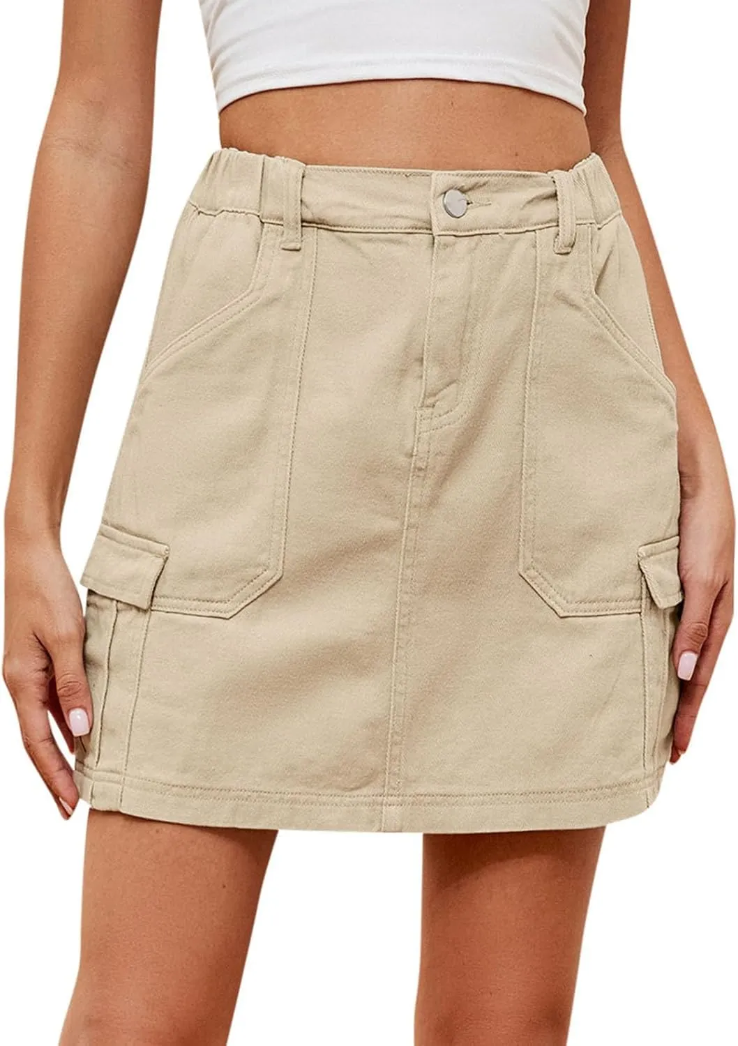 Women's Skirt with Pockets Elastic High Waist Cargo Jeans Casual Breathable Mini Denim Skirt for Women Summer