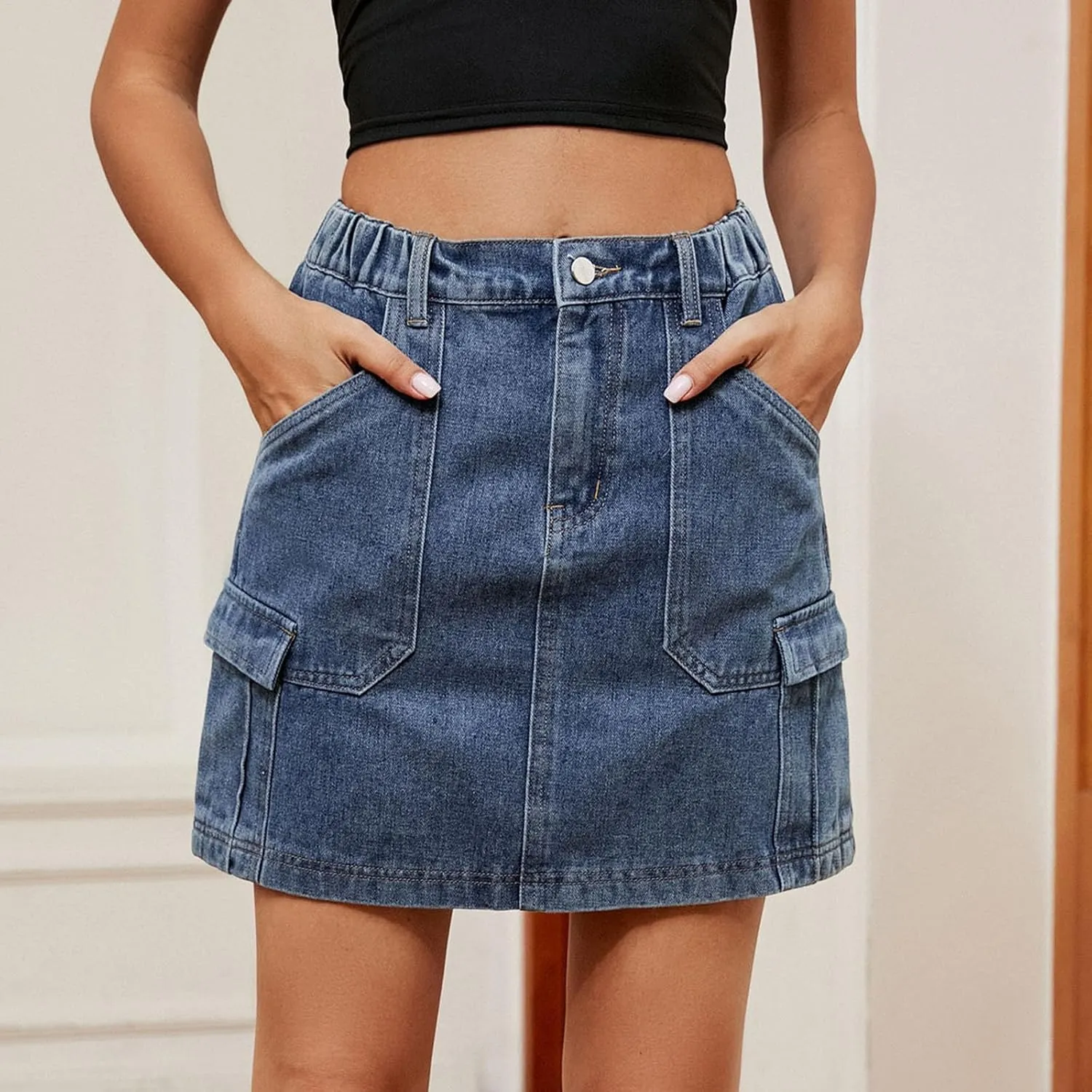 Women's Skirt with Pockets Elastic High Waist Cargo Jeans Casual Breathable Mini Denim Skirt for Women Summer