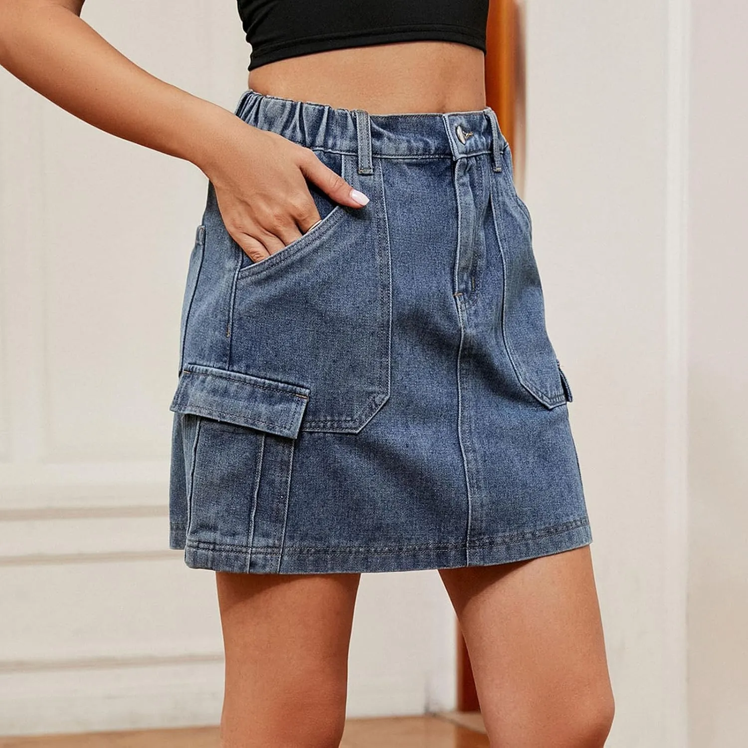 Women's Skirt with Pockets Elastic High Waist Cargo Jeans Casual Breathable Mini Denim Skirt for Women Summer