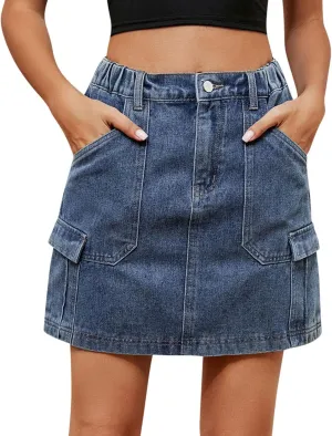 Women's Skirt with Pockets Elastic High Waist Cargo Jeans Casual Breathable Mini Denim Skirt for Women Summer