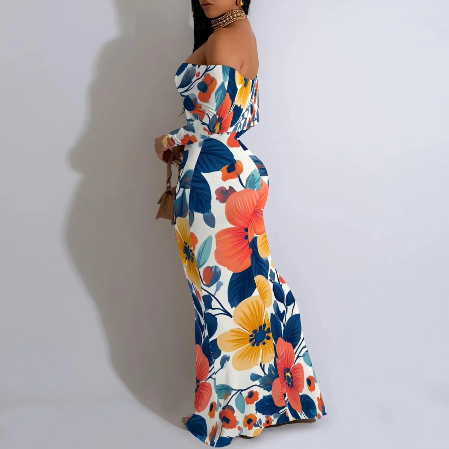 Women's Sleeve Dress Off The Shoulder Long Bodycon Fit Floral Pattern Maxi Casual Sexy Boho Length Dresses