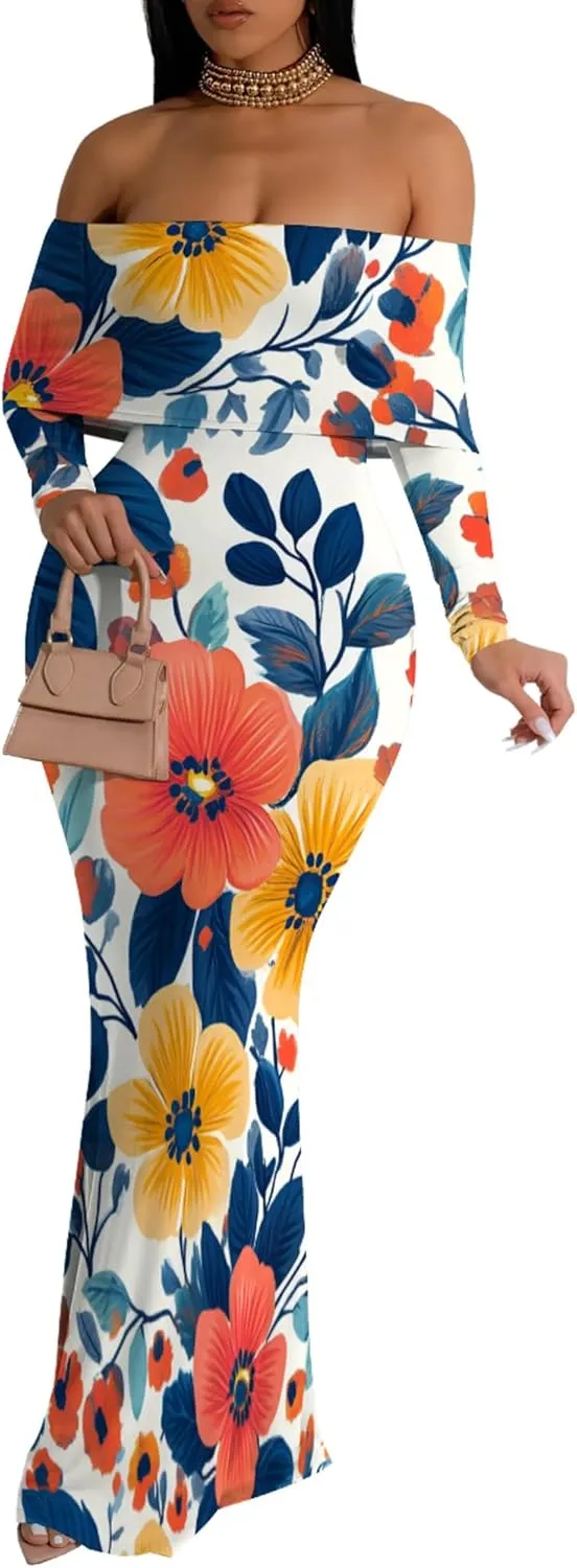 Women's Sleeve Dress Off The Shoulder Long Bodycon Fit Floral Pattern Maxi Casual Sexy Boho Length Dresses