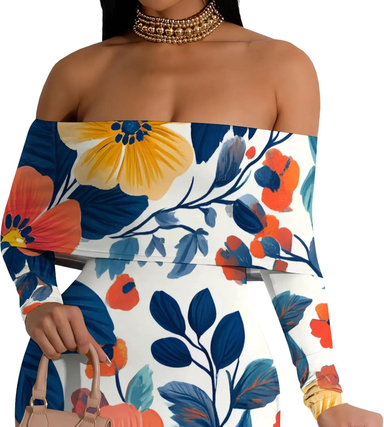 Women's Sleeve Dress Off The Shoulder Long Bodycon Fit Floral Pattern Maxi Casual Sexy Boho Length Dresses