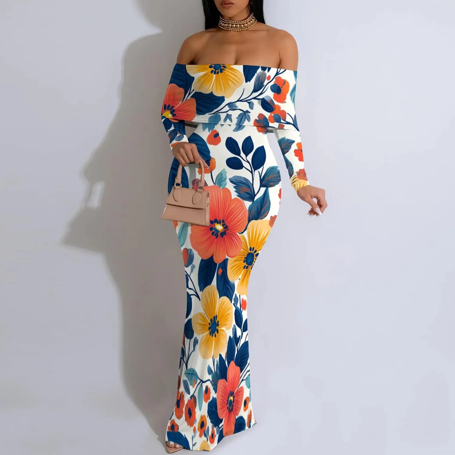 Women's Sleeve Dress Off The Shoulder Long Bodycon Fit Floral Pattern Maxi Casual Sexy Boho Length Dresses