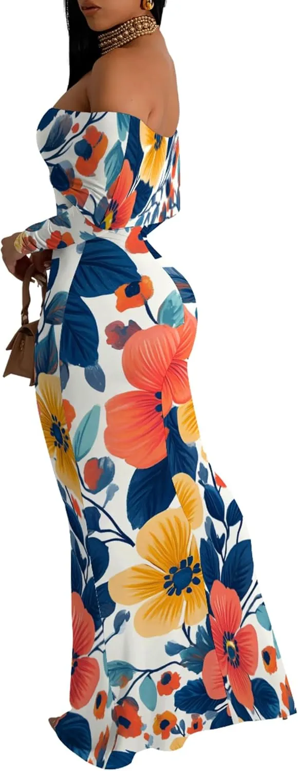 Women's Sleeve Dress Off The Shoulder Long Bodycon Fit Floral Pattern Maxi Casual Sexy Boho Length Dresses