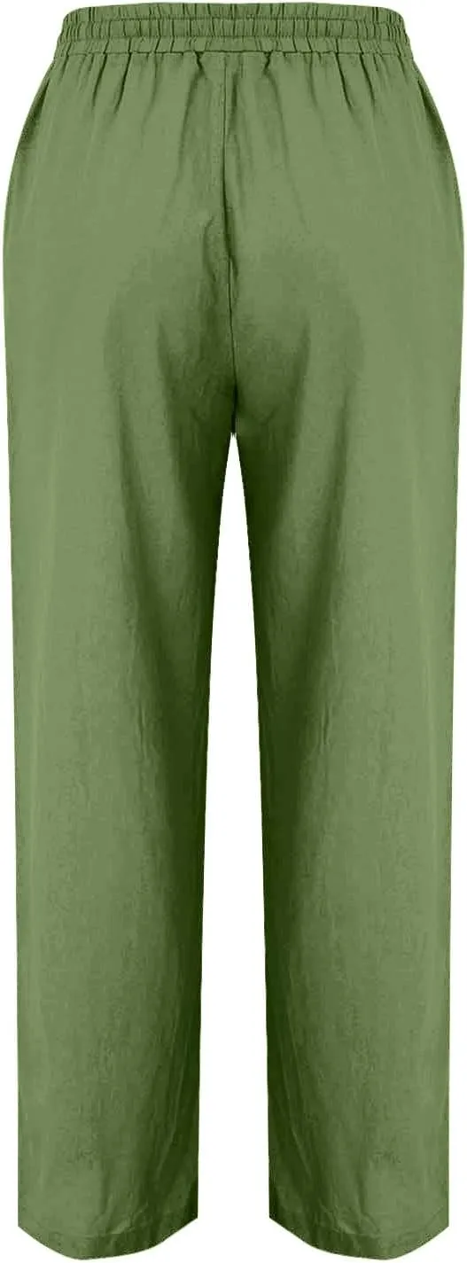 Women's Straight Leg Pants Cotton Linen Blend Casual Trousers with Tie Waist for Spring Solid Color High Waist 2025