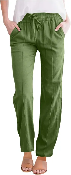 Women's Straight Leg Pants Cotton Linen Blend Casual Trousers with Tie Waist for Spring Solid Color High Waist 2025