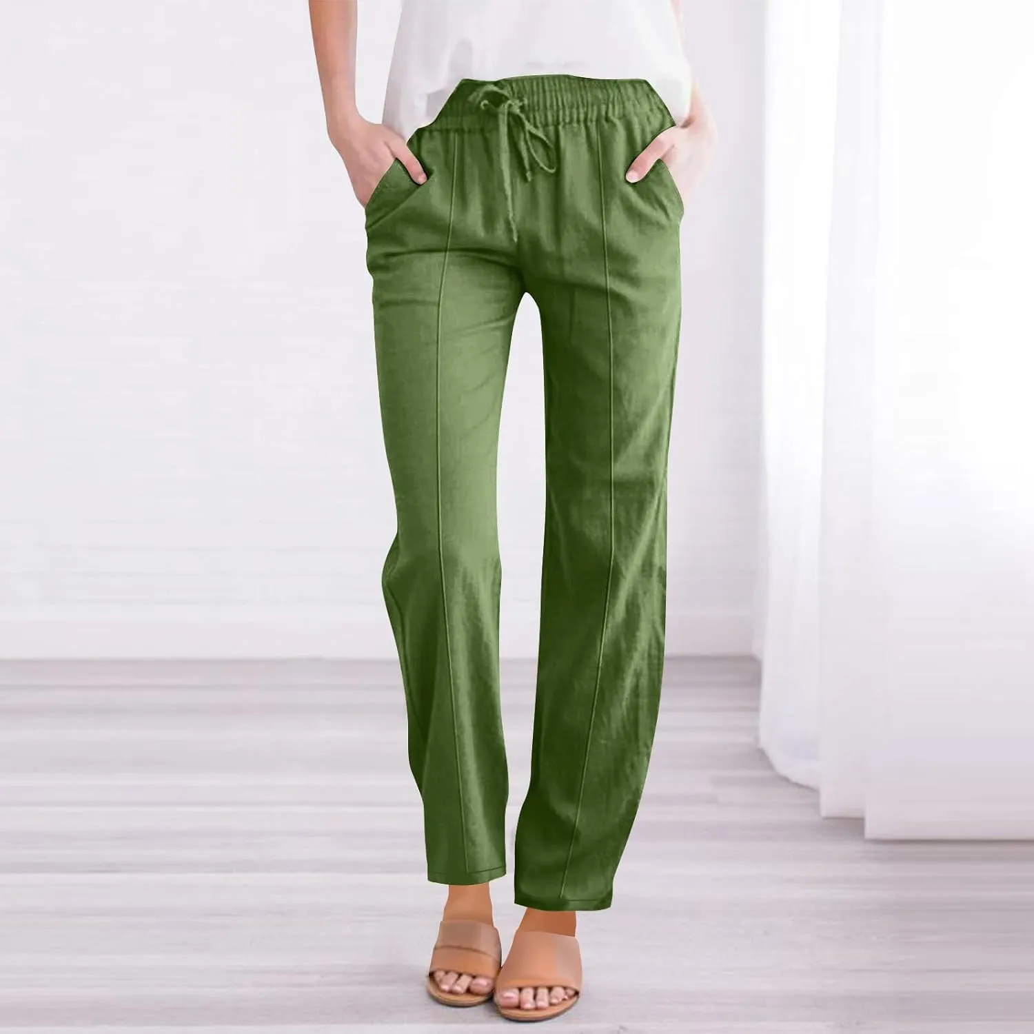 Women's Straight Leg Pants Cotton Linen Blend Casual Trousers with Tie Waist for Spring Solid Color High Waist 2025