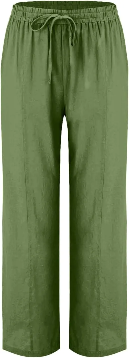 Women's Straight Leg Pants Cotton Linen Blend Casual Trousers with Tie Waist for Spring Solid Color High Waist 2025