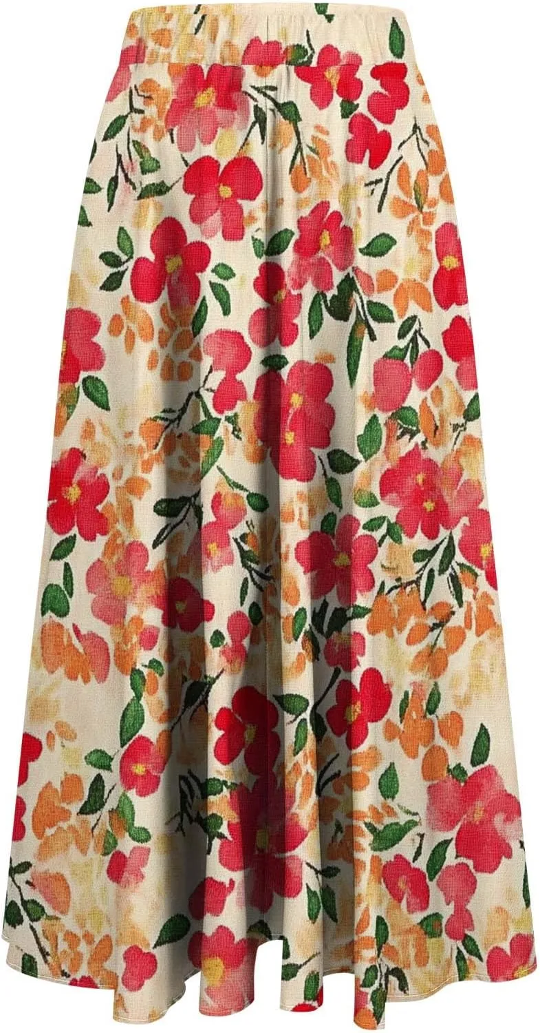 Women's Summer Boho Floral Maxi Skirts High Waisted Flowy Swing Pleated Beach Skorts Long Short Vacation Outfits S-3XL
