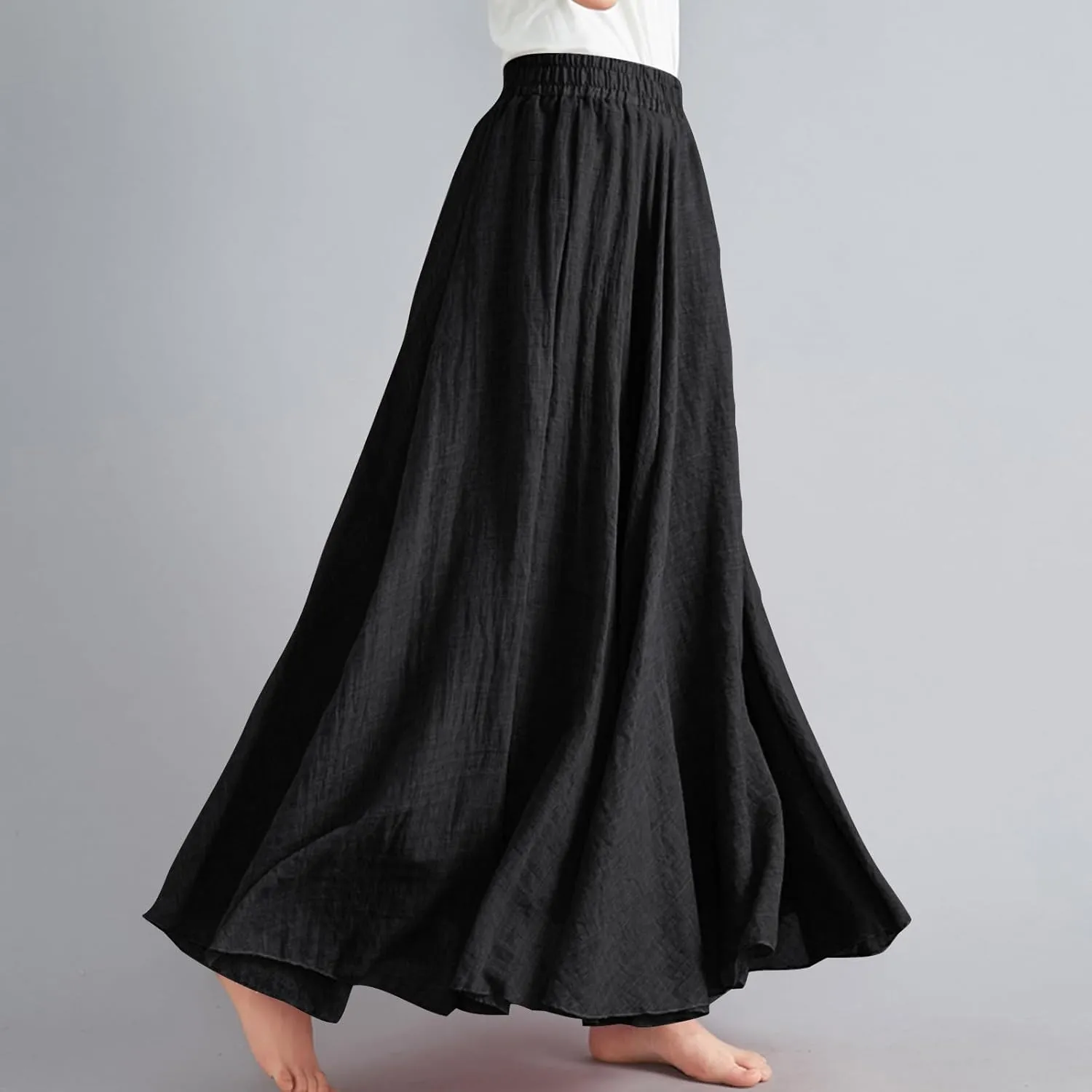 Women's Summer Boho Linen Maxi Skirts Flowy Swing A-Line Skirt Fashion Trendy Elastic Waist Pleated Long Beach Dress
