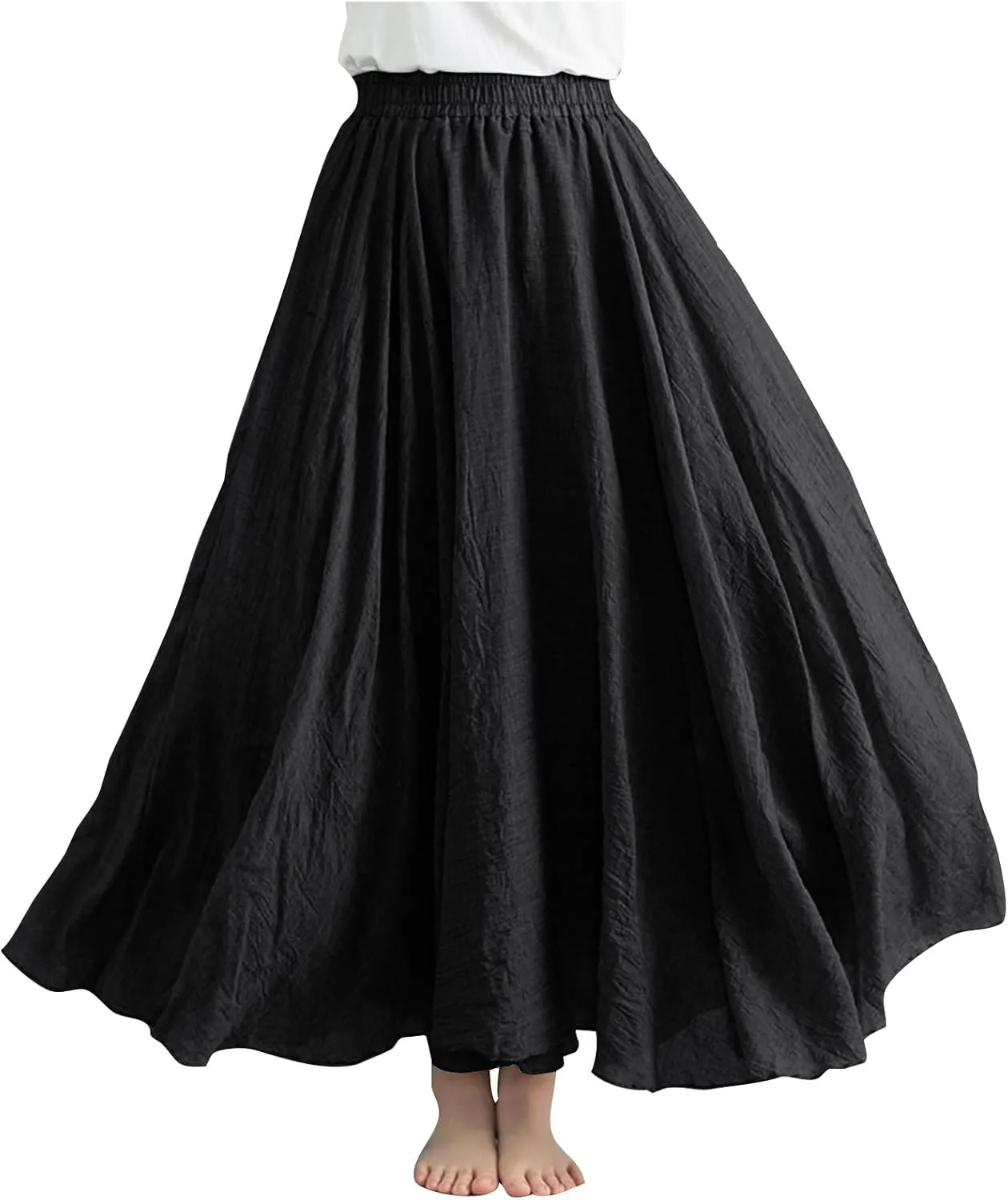Women's Summer Boho Linen Maxi Skirts Flowy Swing A-Line Skirt Fashion Trendy Elastic Waist Pleated Long Beach Dress