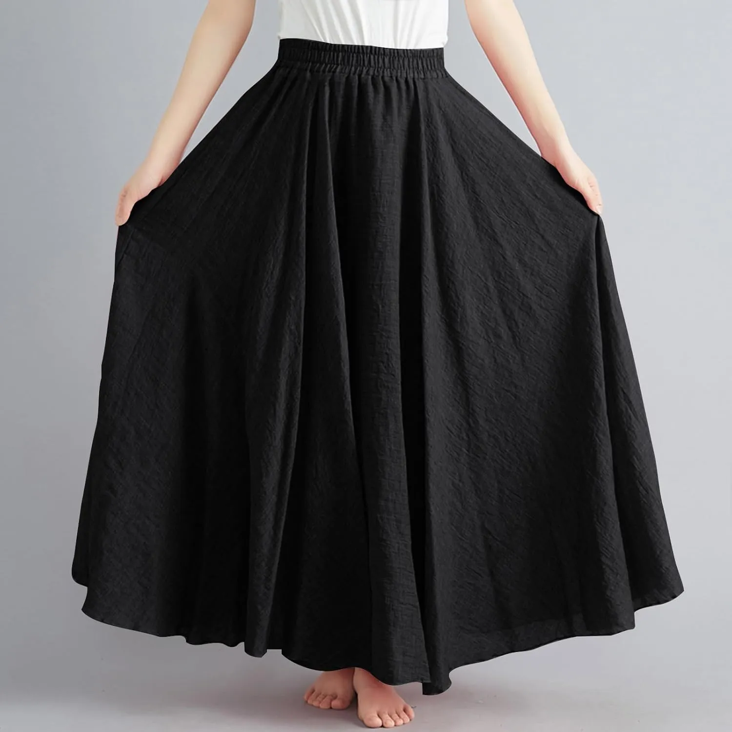 Women's Summer Boho Linen Maxi Skirts Flowy Swing A-Line Skirt Fashion Trendy Elastic Waist Pleated Long Beach Dress