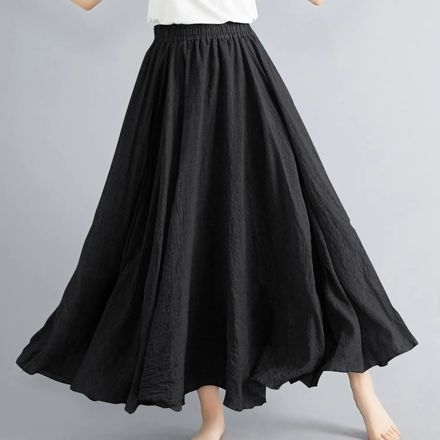 Women's Summer Boho Linen Maxi Skirts Flowy Swing A-Line Skirt Fashion Trendy Elastic Waist Pleated Long Beach Dress