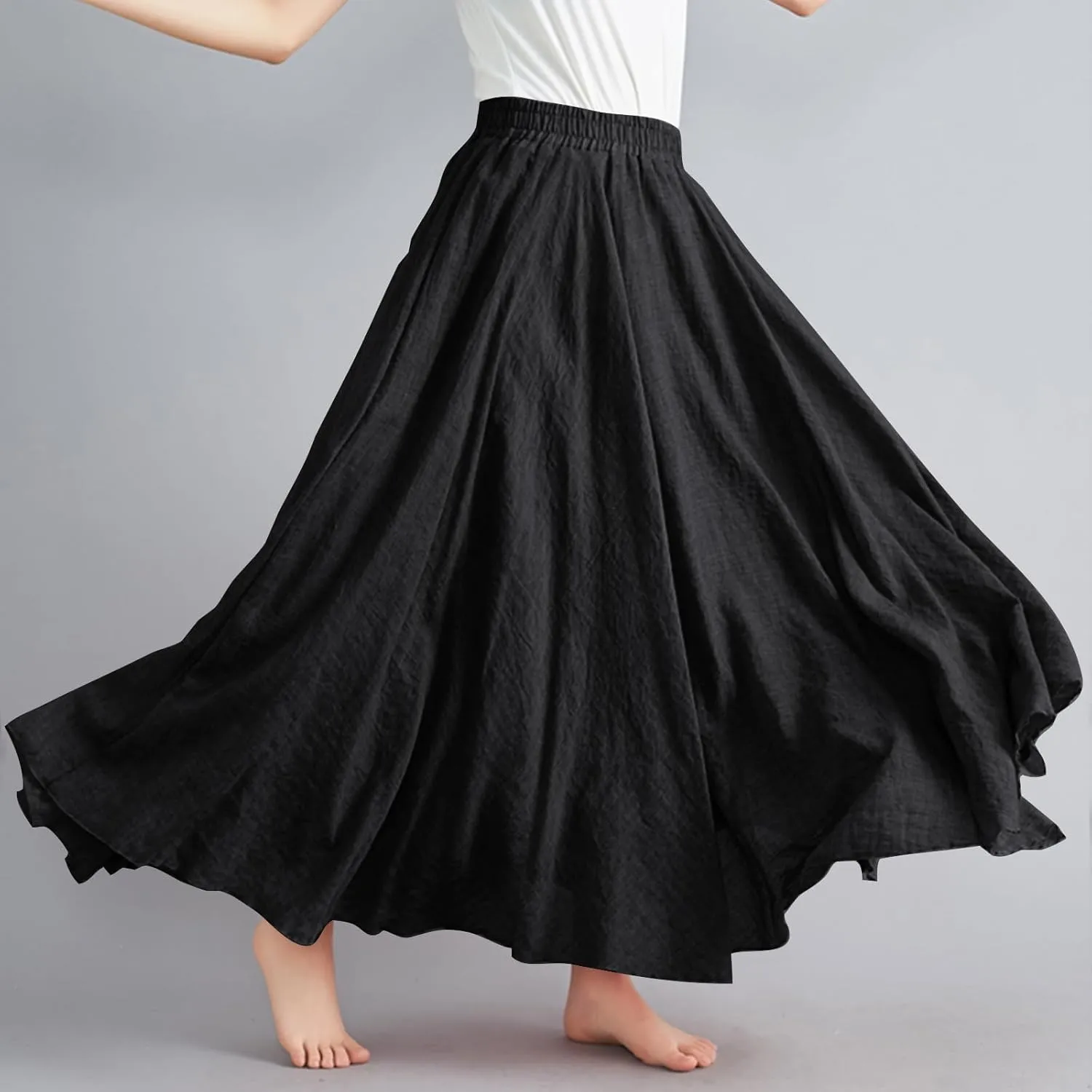 Women's Summer Boho Linen Maxi Skirts Flowy Swing A-Line Skirt Fashion Trendy Elastic Waist Pleated Long Beach Dress
