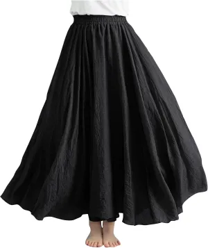 Women's Summer Boho Linen Maxi Skirts Flowy Swing A-Line Skirt Fashion Trendy Elastic Waist Pleated Long Beach Dress