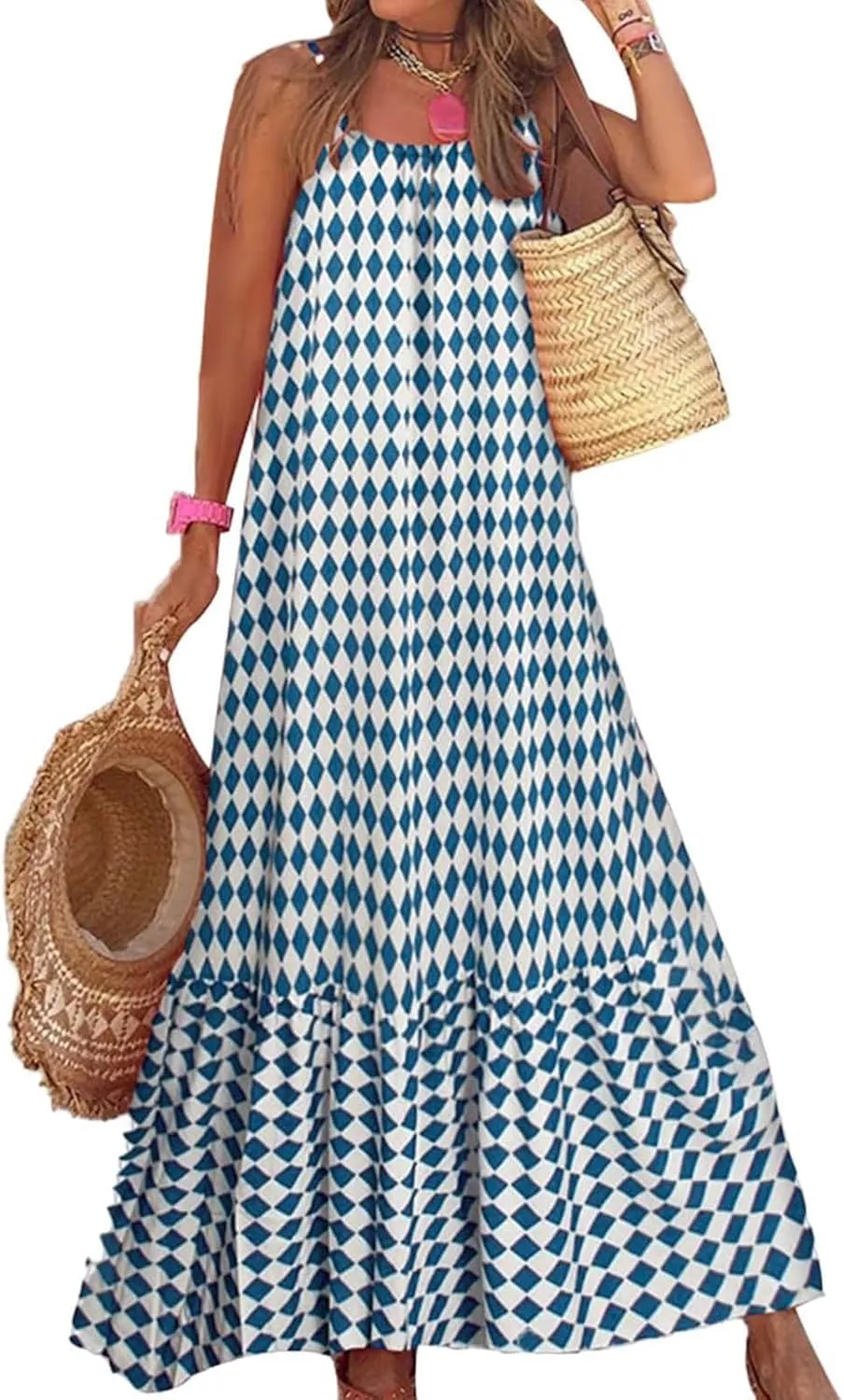 Women's Summer Casual Boho Floral Sundress Spaghetti Strap Flowy Midi Dresses A Line Beach Wedding Guest Dress