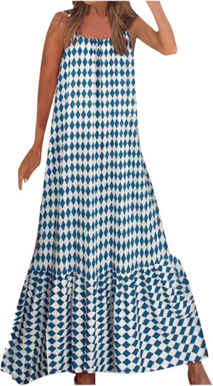 Women's Summer Casual Boho Floral Sundress Spaghetti Strap Flowy Midi Dresses A Line Beach Wedding Guest Dress