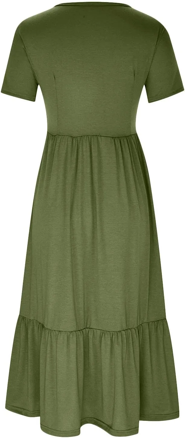 Women's Summer Casual Short Sleeve Crewneck Long Dress Solid Flowy Tiered Maxi Beach Dress with Pockets