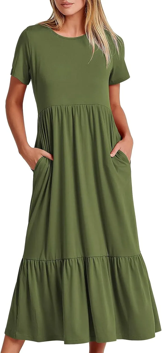 Women's Summer Casual Short Sleeve Crewneck Long Dress Solid Flowy Tiered Maxi Beach Dress with Pockets