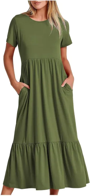 Women's Summer Casual Short Sleeve Crewneck Long Dress Solid Flowy Tiered Maxi Beach Dress with Pockets