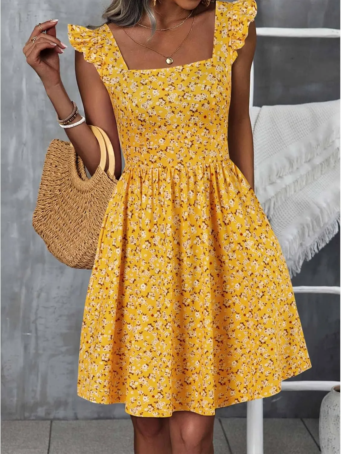 Womens Summer Casual Sleeveless Dress Floral Smocked Ruffle Square Neck Midi Dresses Flowy Boho Cute Beach Sundress