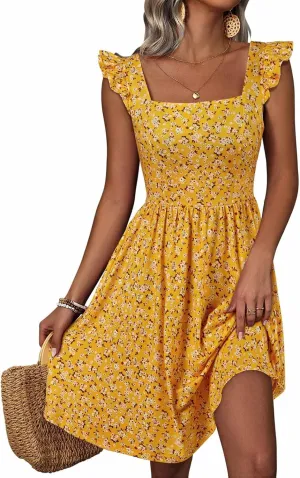 Womens Summer Casual Sleeveless Dress Floral Smocked Ruffle Square Neck Midi Dresses Flowy Boho Cute Beach Sundress