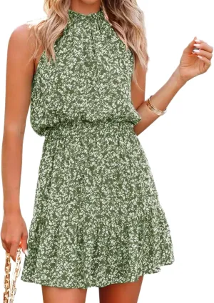 Womens Summer Casual Sleeveless Mini Dress Boho Floral Print Ruffled Hem Elastic Waist Flowy Dress