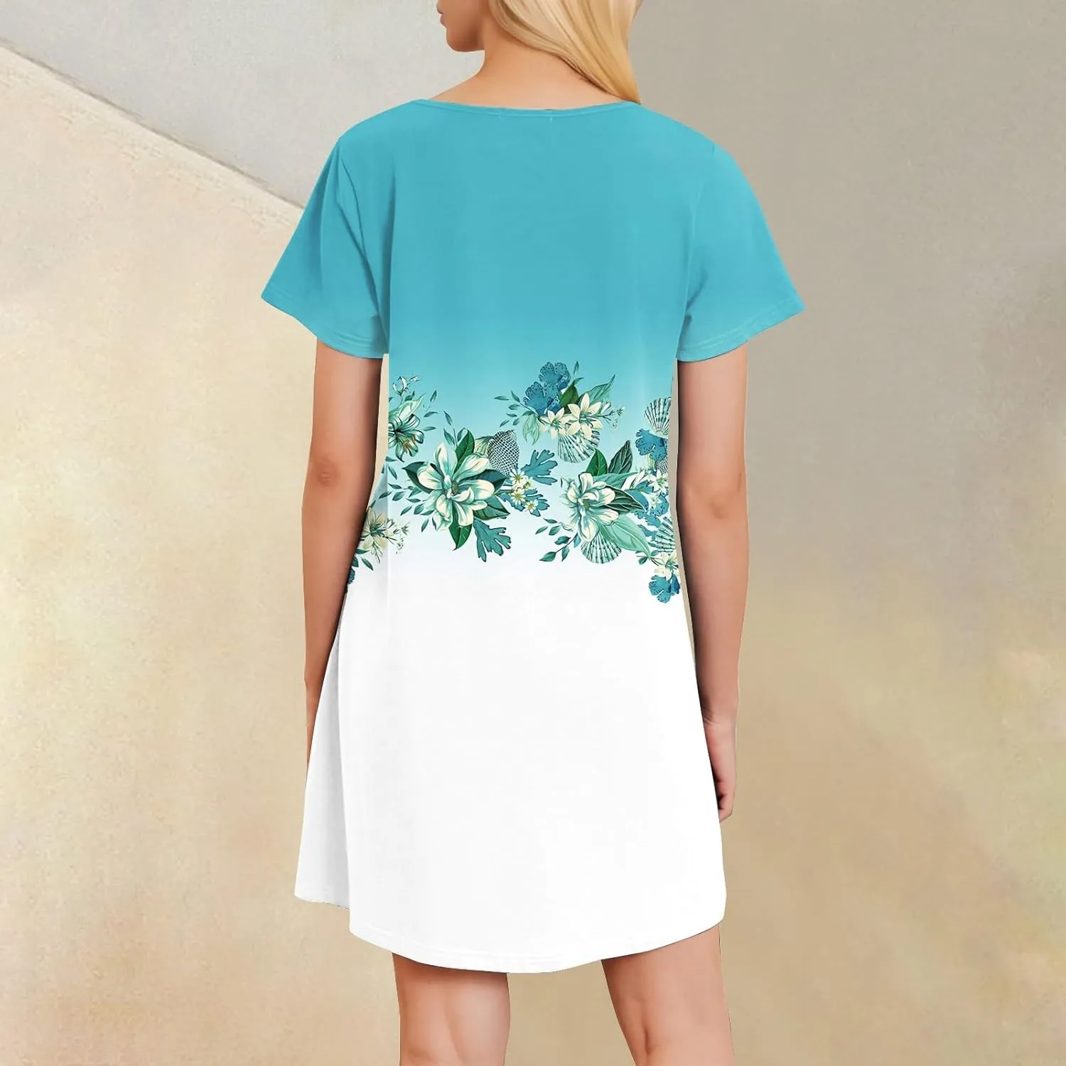 Women's Summer Casual Trendy Dress Floral Print Round Neck Short Sleeve Flowy Midi Dresses with Pocket, S-3XL
