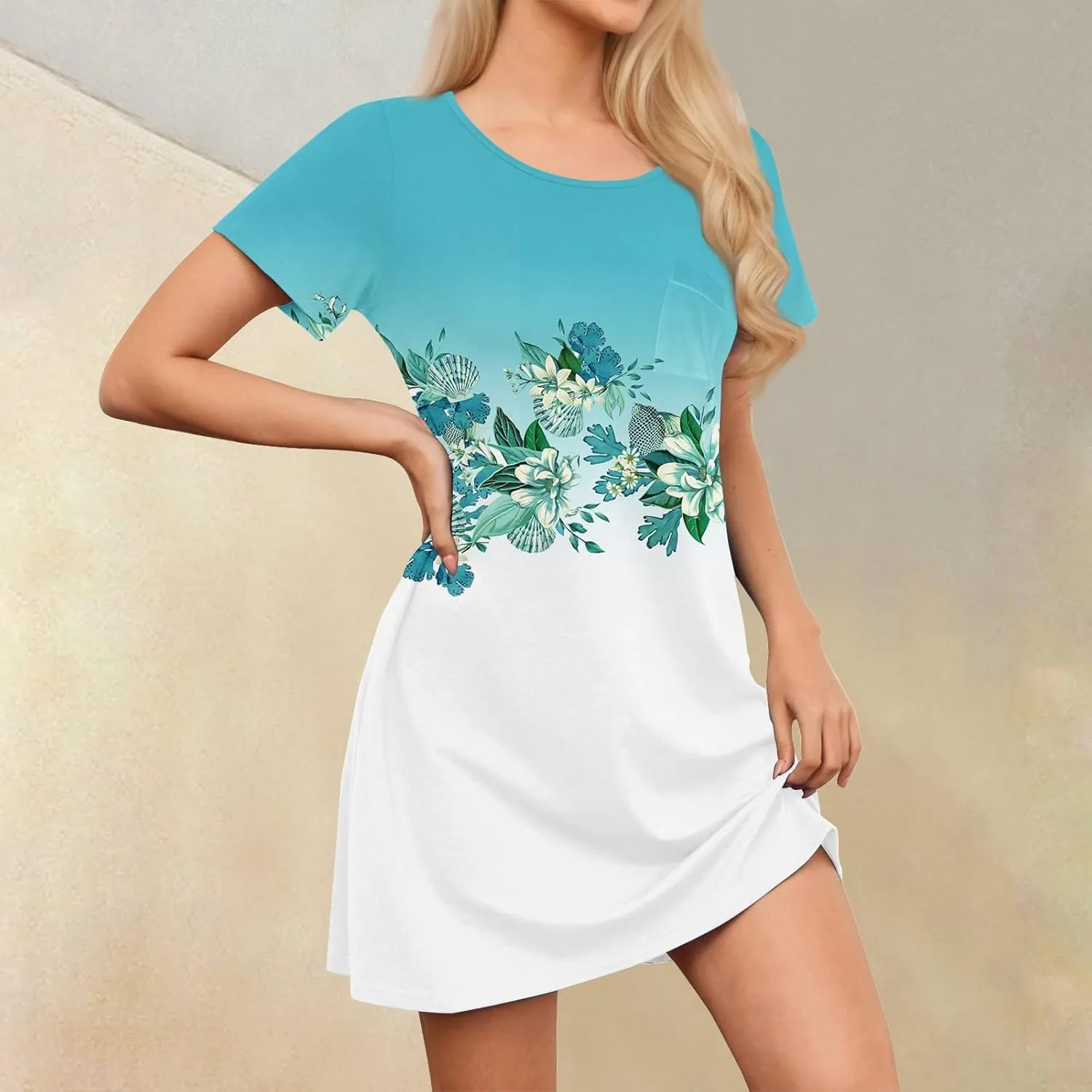 Women's Summer Casual Trendy Dress Floral Print Round Neck Short Sleeve Flowy Midi Dresses with Pocket, S-3XL