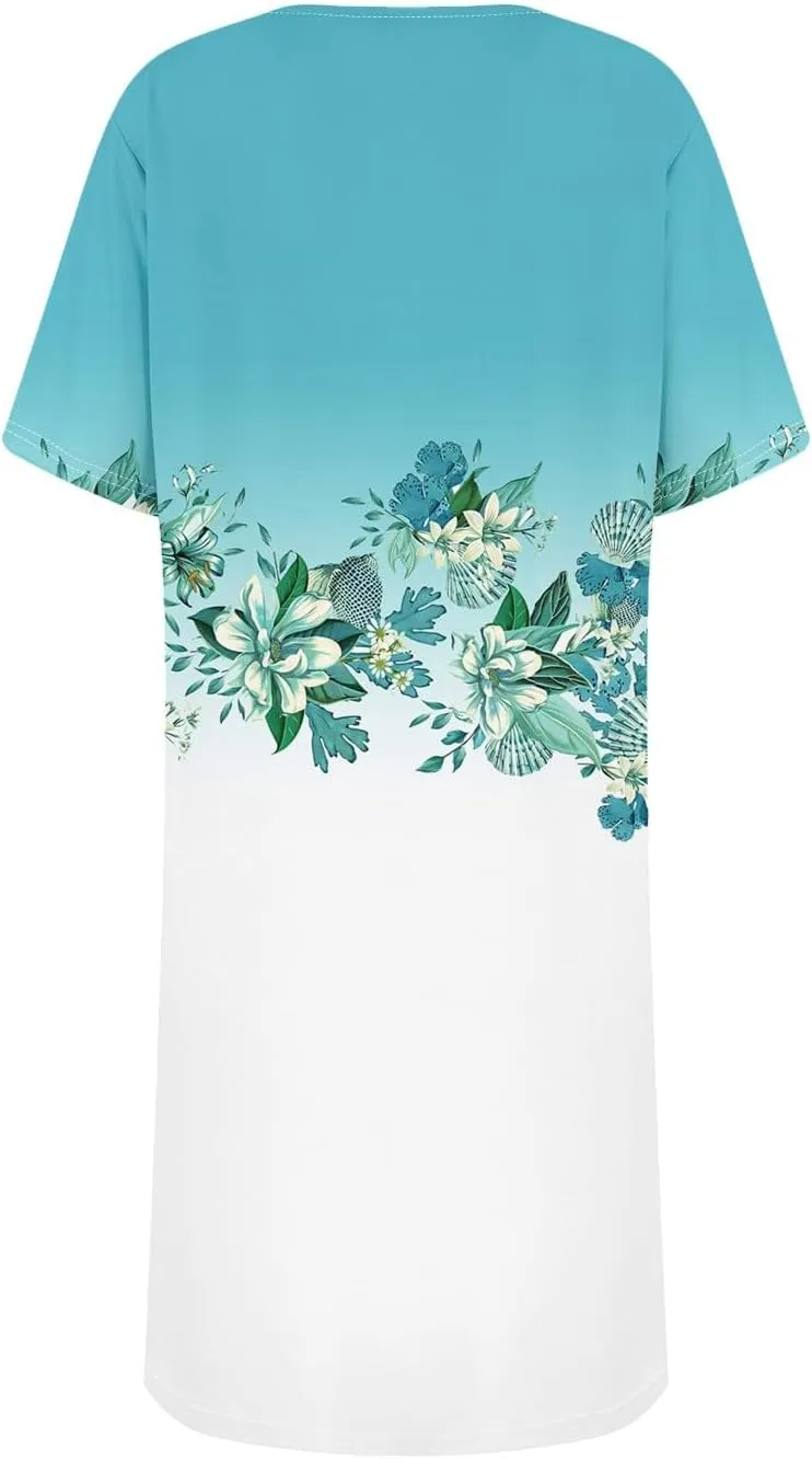 Women's Summer Casual Trendy Dress Floral Print Round Neck Short Sleeve Flowy Midi Dresses with Pocket, S-3XL