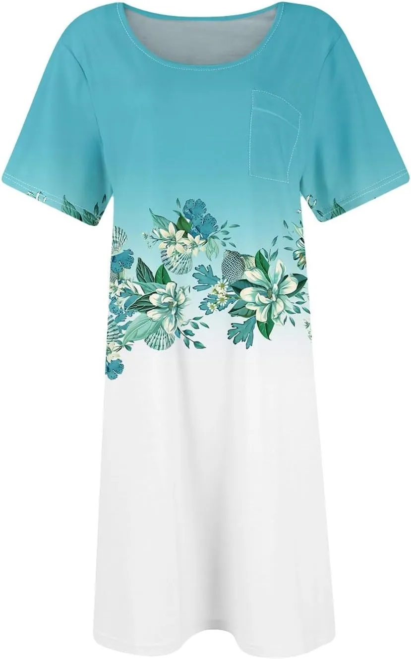 Women's Summer Casual Trendy Dress Floral Print Round Neck Short Sleeve Flowy Midi Dresses with Pocket, S-3XL