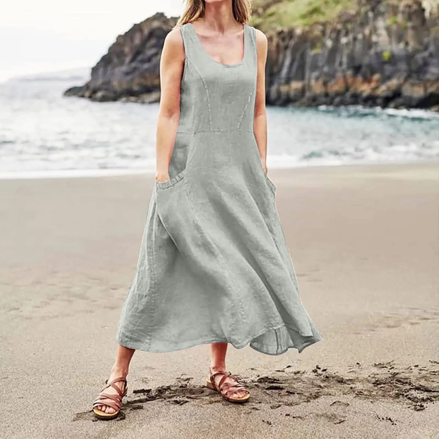 Women's Summer Cotton Linen Long Dress 2025 Sleeveless Elegant Flowy Dresses Plus Size Loose Comfy Dress with Pockets