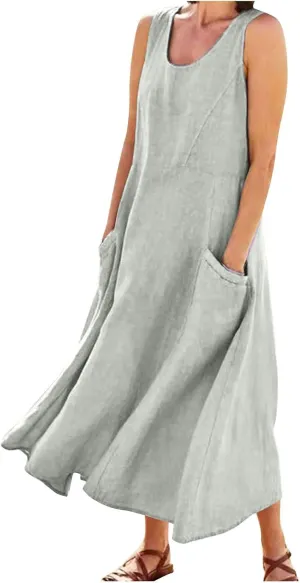 Women's Summer Cotton Linen Long Dress 2025 Sleeveless Elegant Flowy Dresses Plus Size Loose Comfy Dress with Pockets
