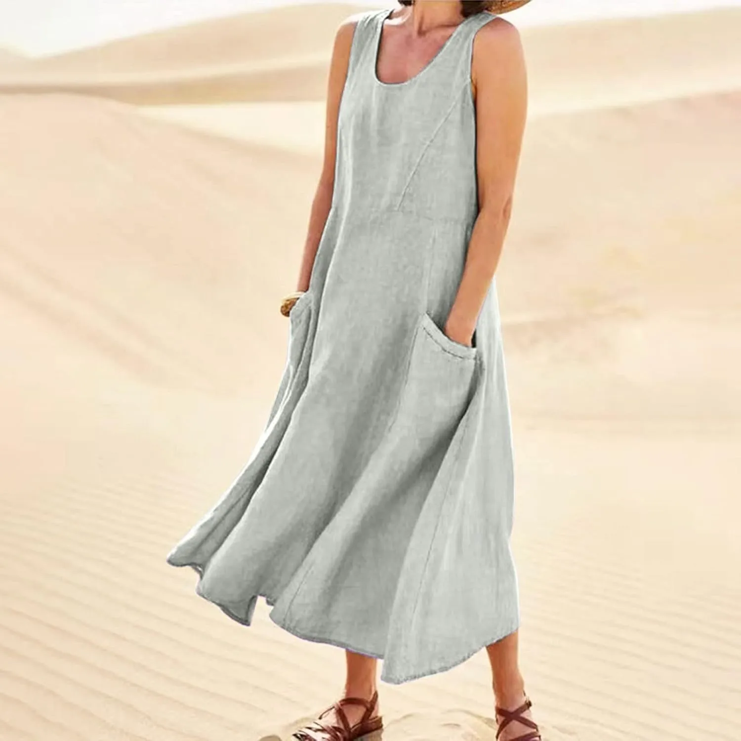 Women's Summer Cotton Linen Long Dress 2025 Sleeveless Elegant Flowy Dresses Plus Size Loose Comfy Dress with Pockets